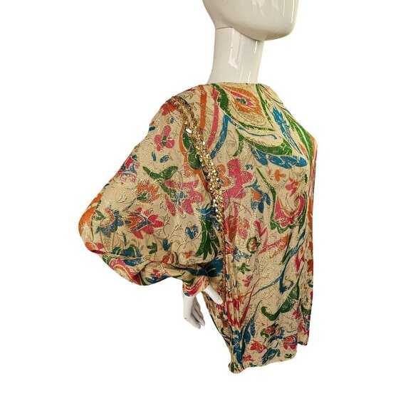 Lucie Ann Beverly Hills 80s Opulent Evening Top Sz S Gold Metallic Pastel Floral - Picture 2 of 13